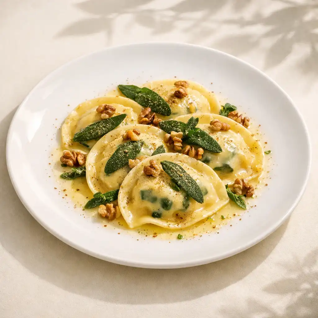 Ravioles de ricotta et blettes avec beurre de sauge et noix de muscade râpée