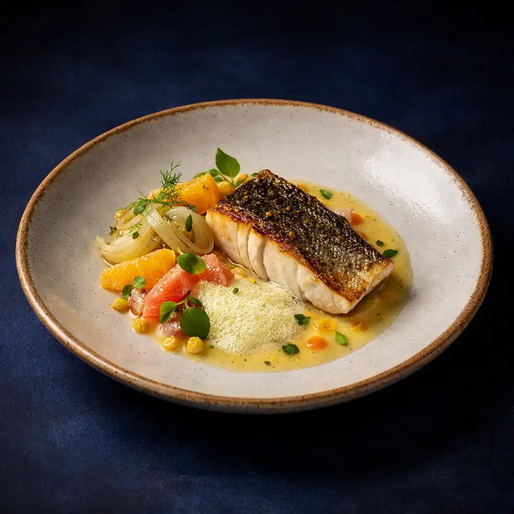 Loup de Méditerranée avec fenouil confit et émulsion d'agrumes