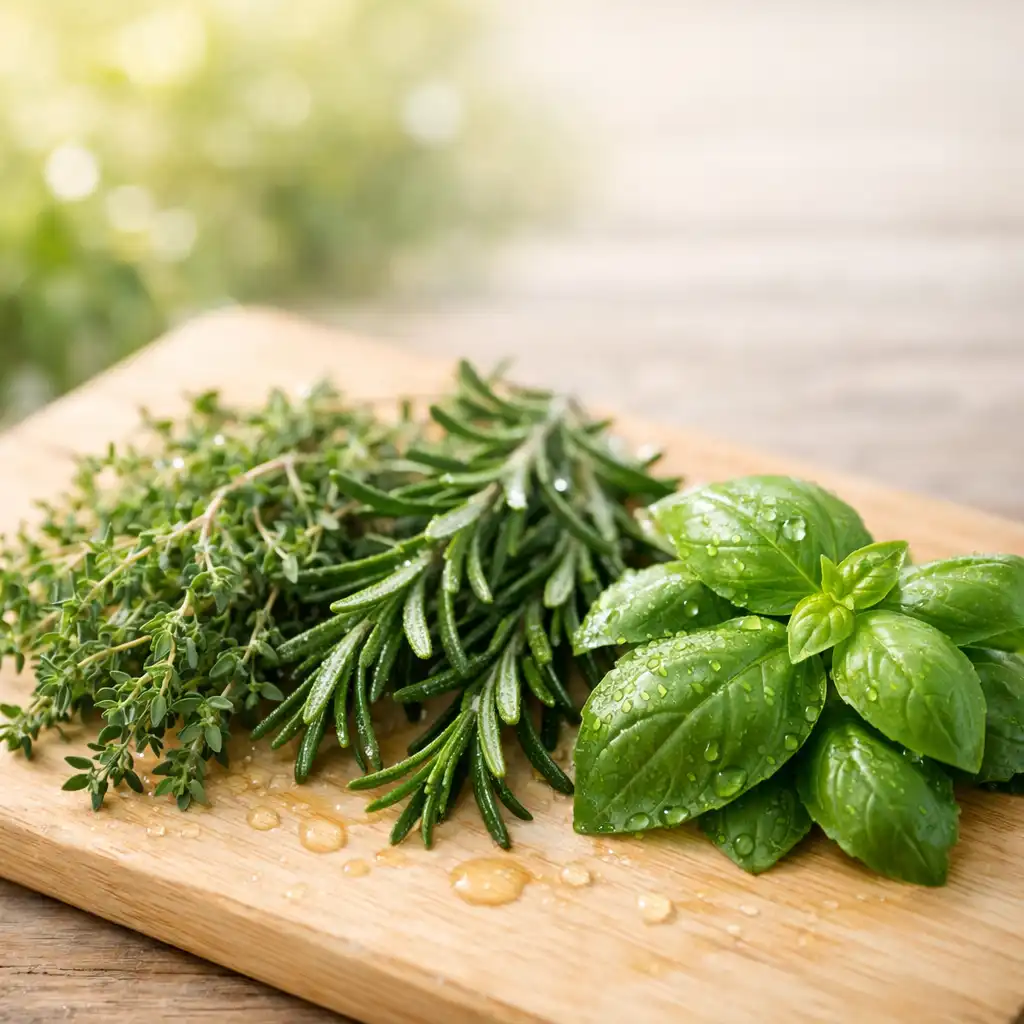 Herbes fraîches méditerranéennes disposées sur une planche en bois clair