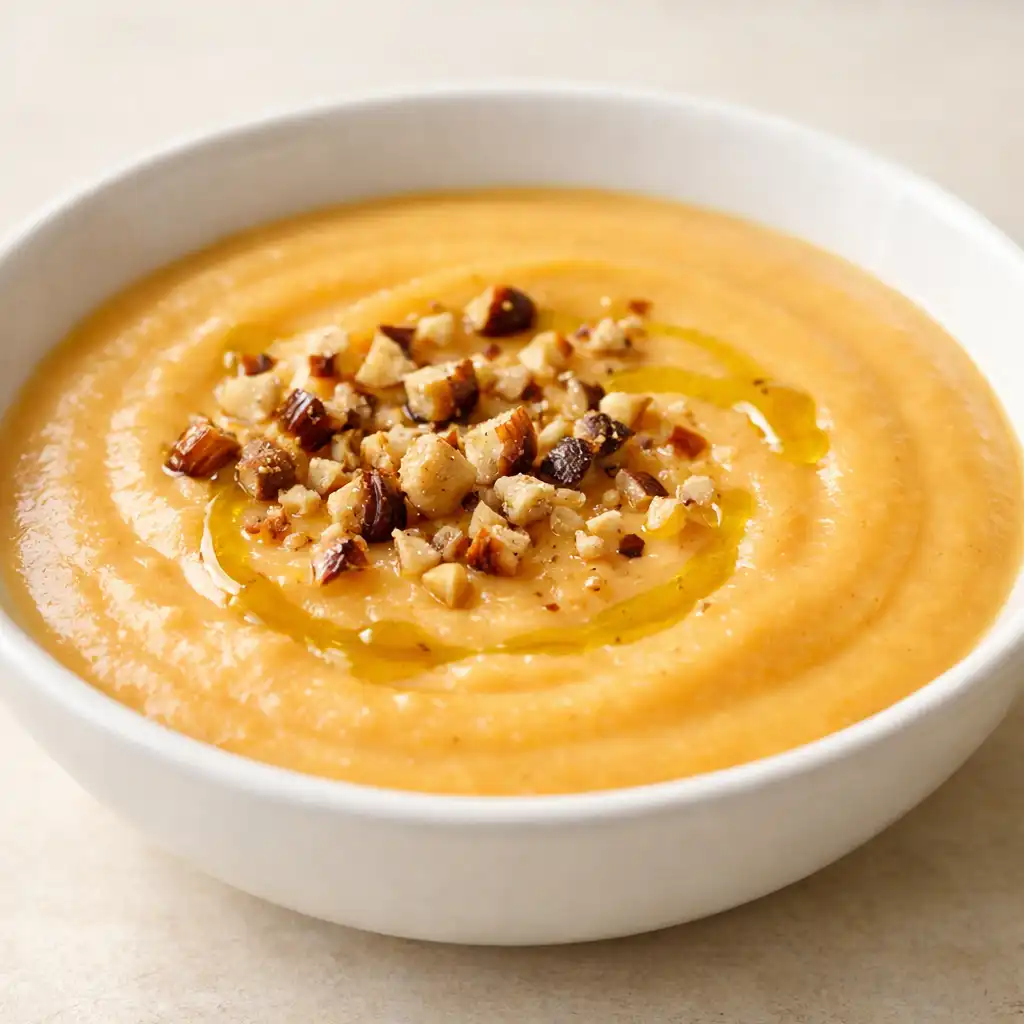 Velouté de courge muscade avec éclats de noisettes torréfiées et filet d'huile d'olive