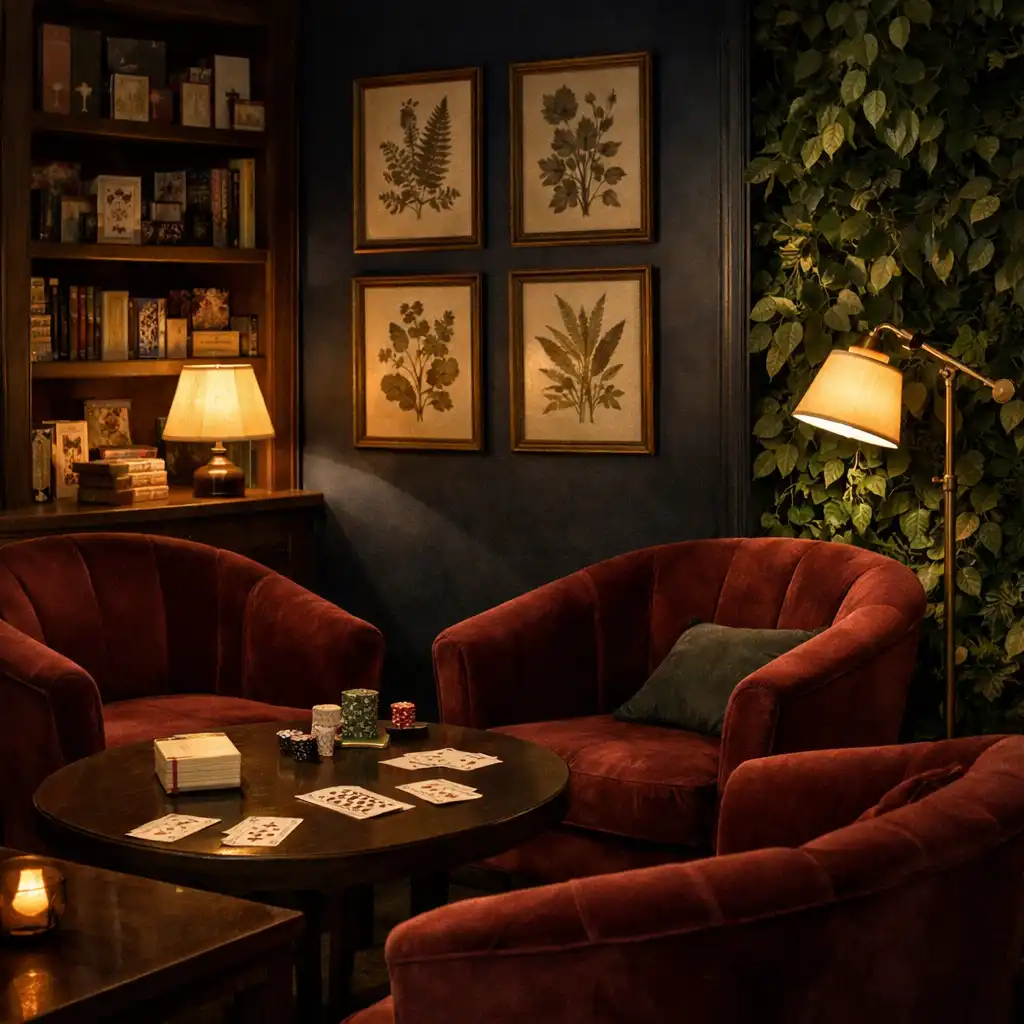 Salon feutré du Card Lounge avec fauteuils en velours grenat et bibliothèque de jeux de cartes