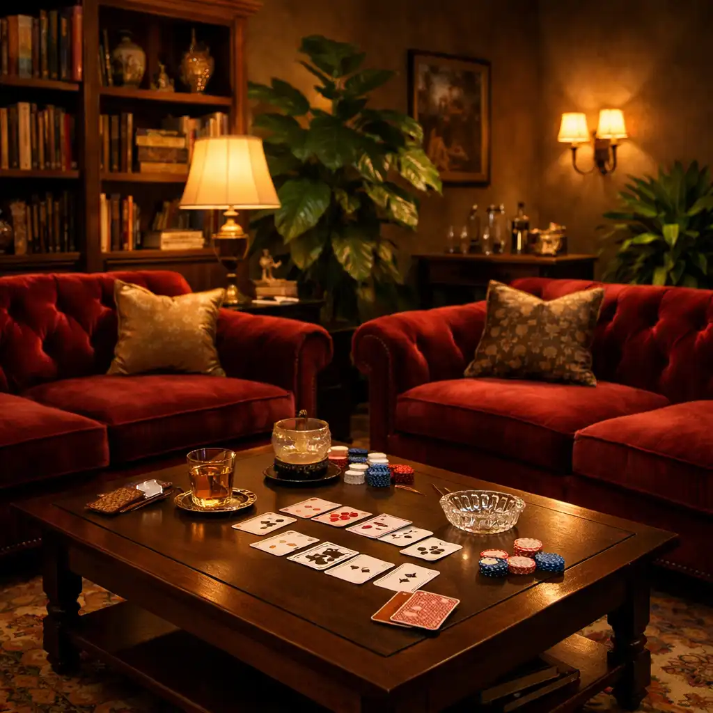 Card Lounge avec canapés en velours grenat, table basse avec jeux de cartes et plantes vertes