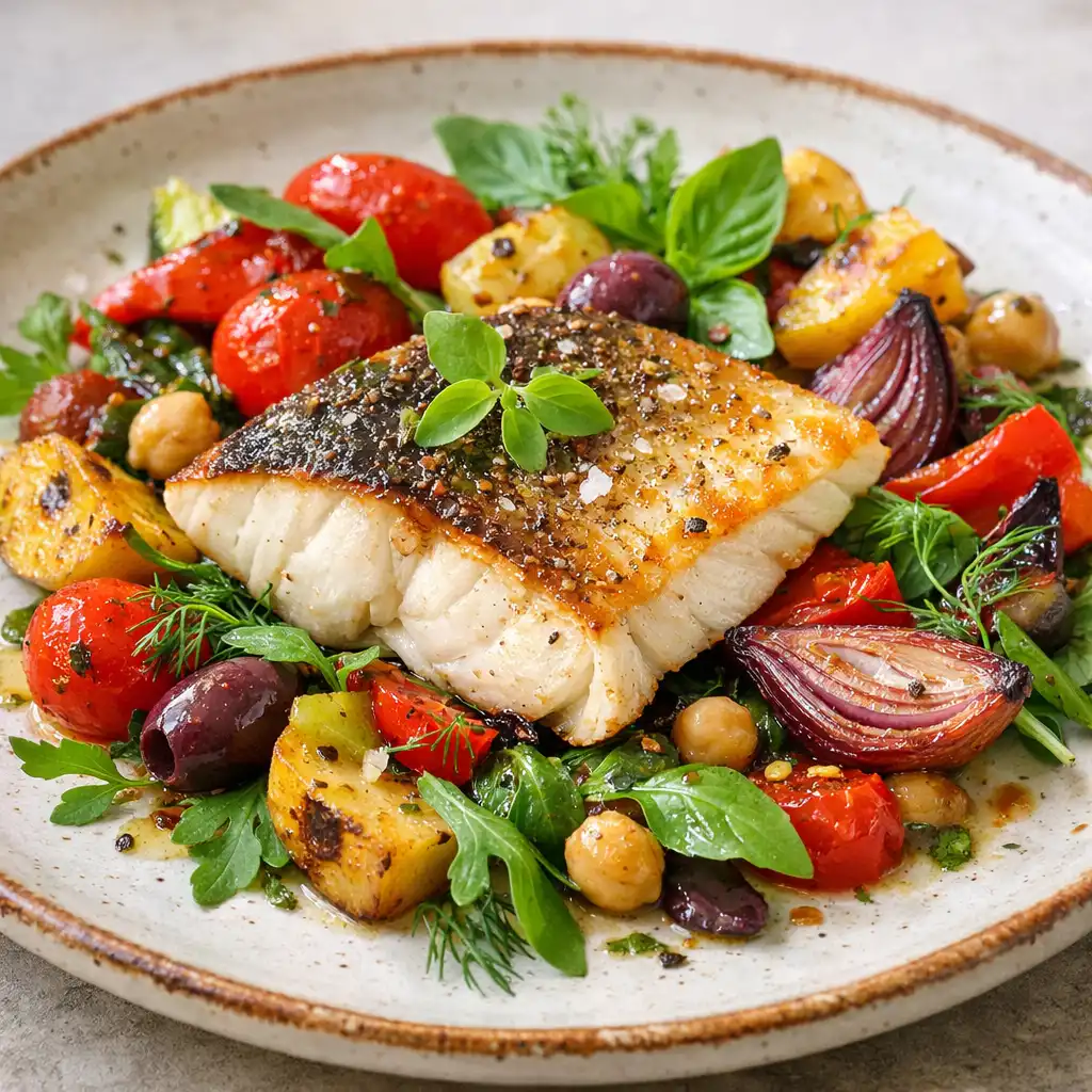 Plat contemporain méditerranéen avec légumes rôtis, herbes fraîches et filet de poisson