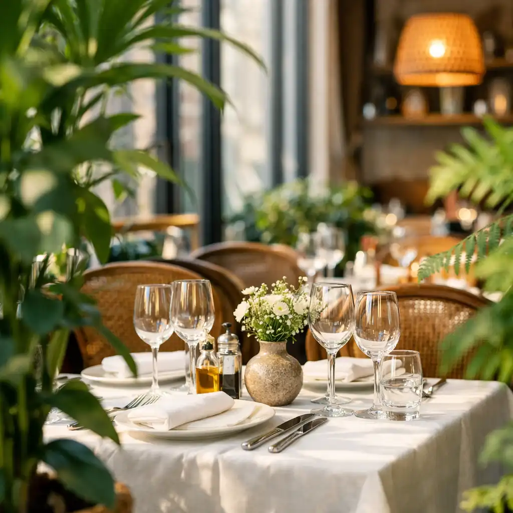 Restaurant avec plantes en premier plan et table dressée