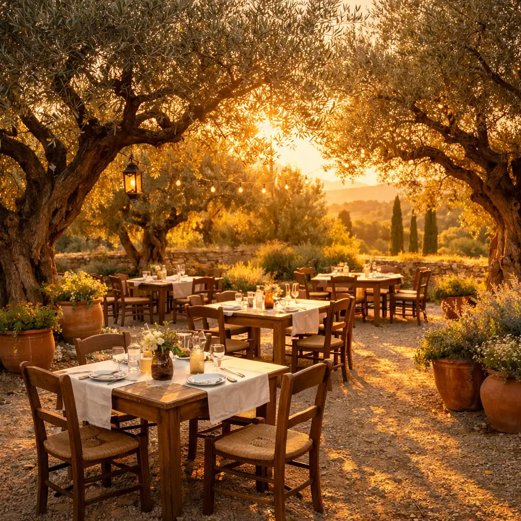 Vue du jardin avec tables et oliviers sous une lumière dorée
