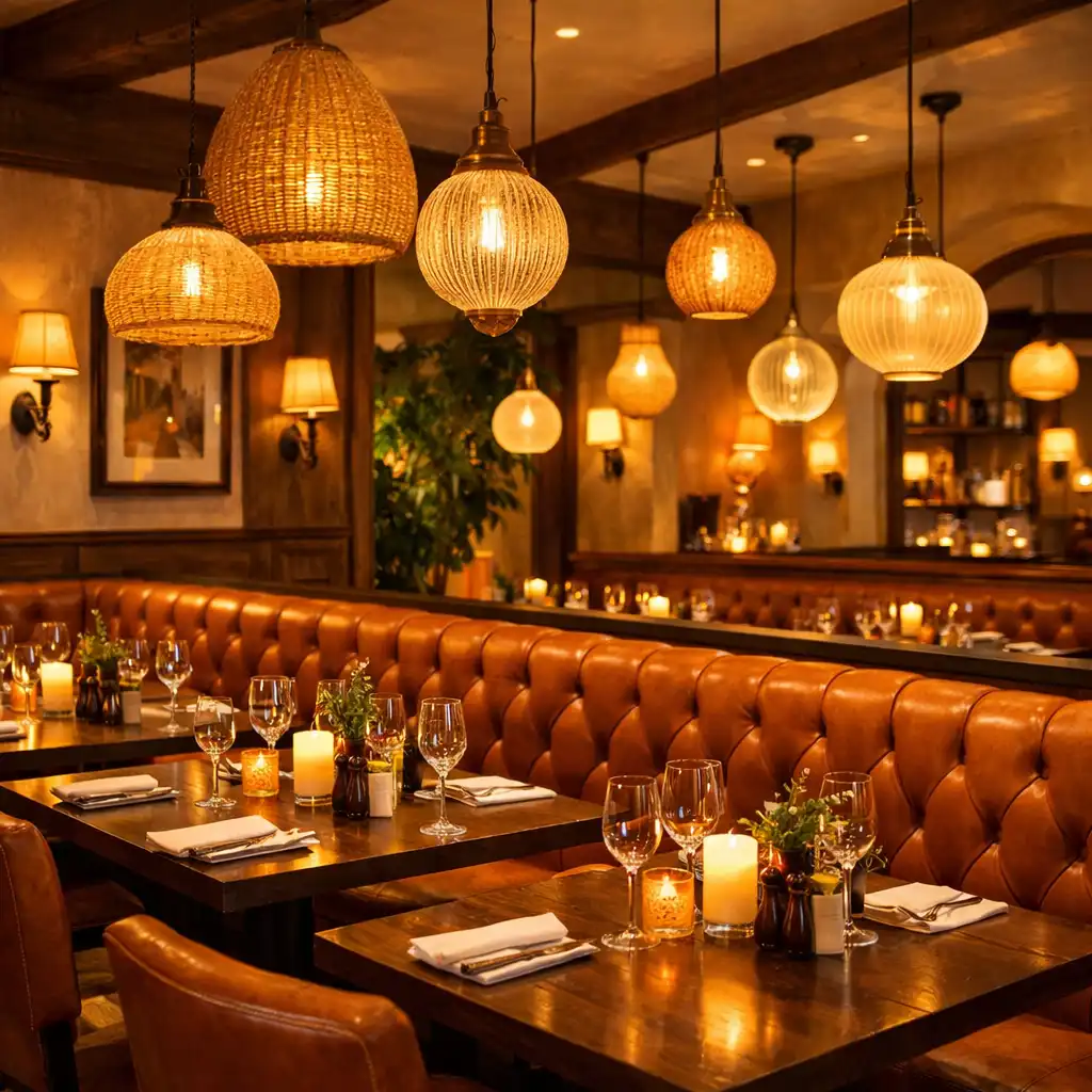 Intérieur du restaurant avec banquettes et suspensions chaleureuses