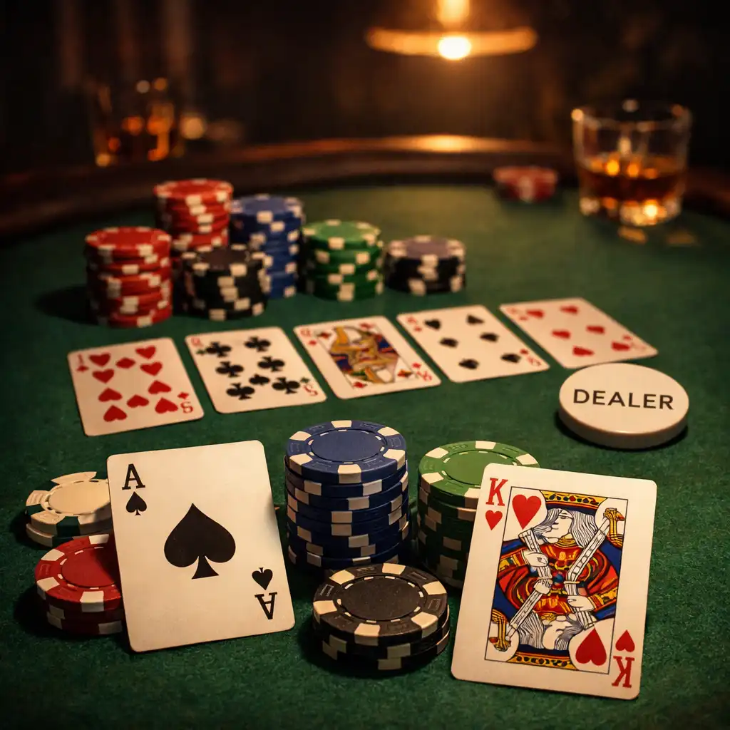 Table de poker avec jetons et cartes sous un éclairage tamisé