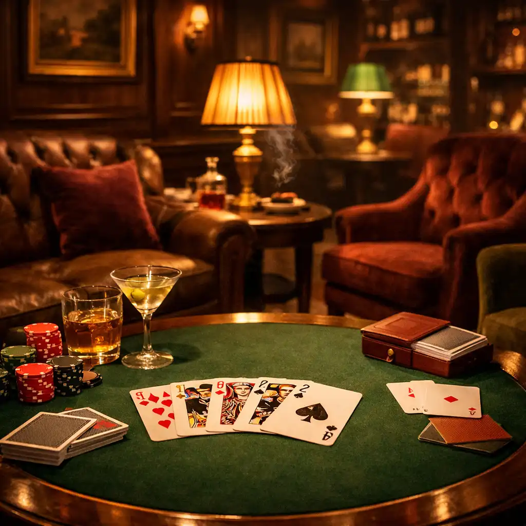 Card Lounge avec canapés et jeux de cartes dans une ambiance feutrée