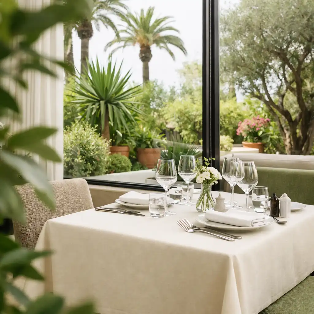 Table dressée près d'une baie vitrée donnant sur le jardin méditerranéen de Jardin Muscade à Nice