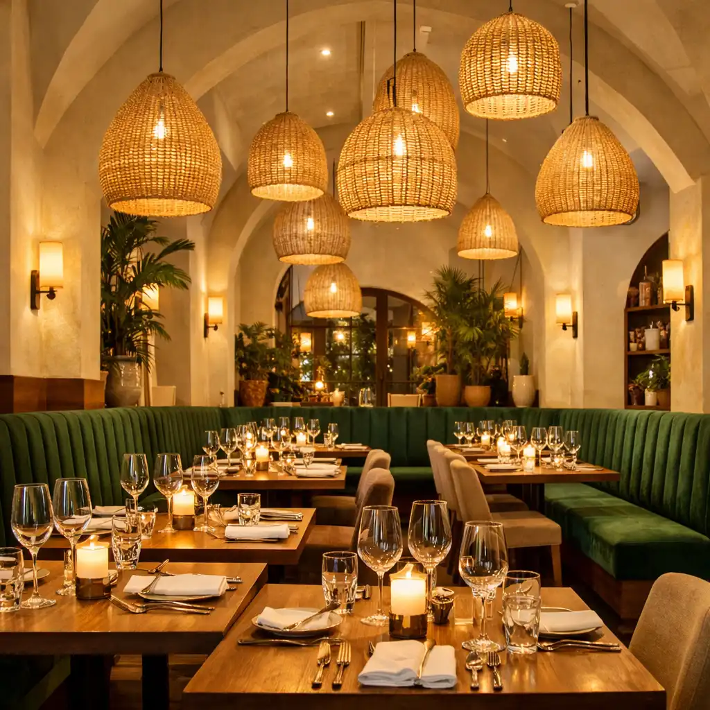 Intérieur du restaurant avec plafond haut, suspensions en rotin et banquettes en velours vert