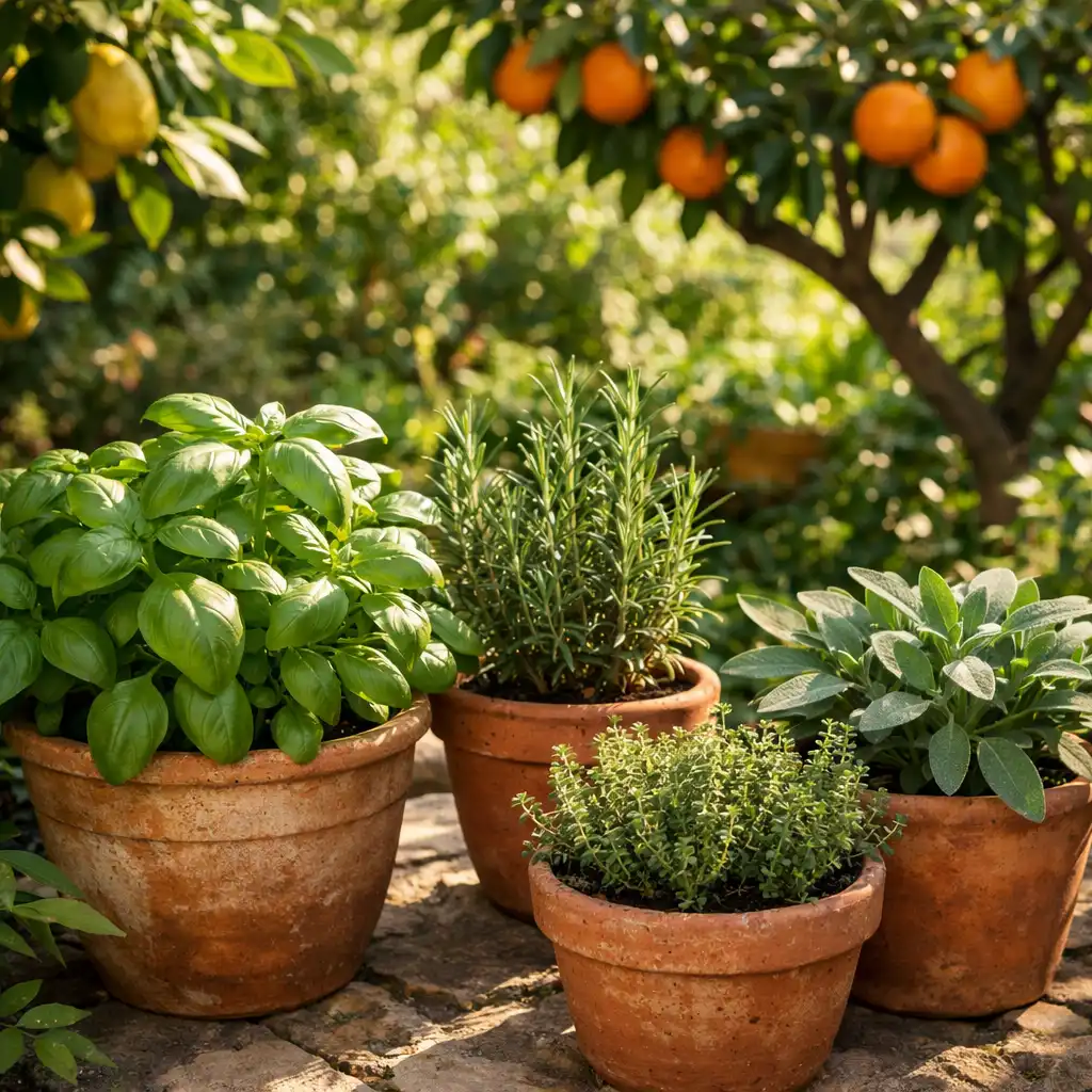 Jardin méditerranéen avec basilic, romarin, thym et sauge en pots de terre cuite, agrumes en arrière-plan