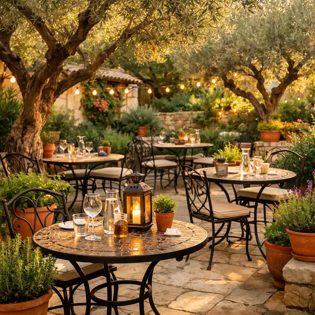 Jardin méditerranéen de Jardin Muscade avec tables sous les oliviers et plantes aromatiques