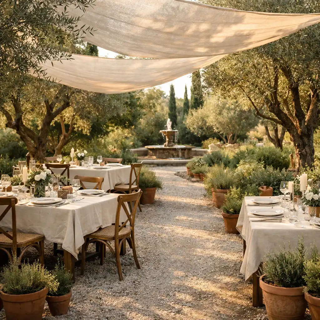 Vue d'un jardin méditerranéen avec des tables dressées sous des oliviers et des voiles d'ombrage à Jardin Muscade