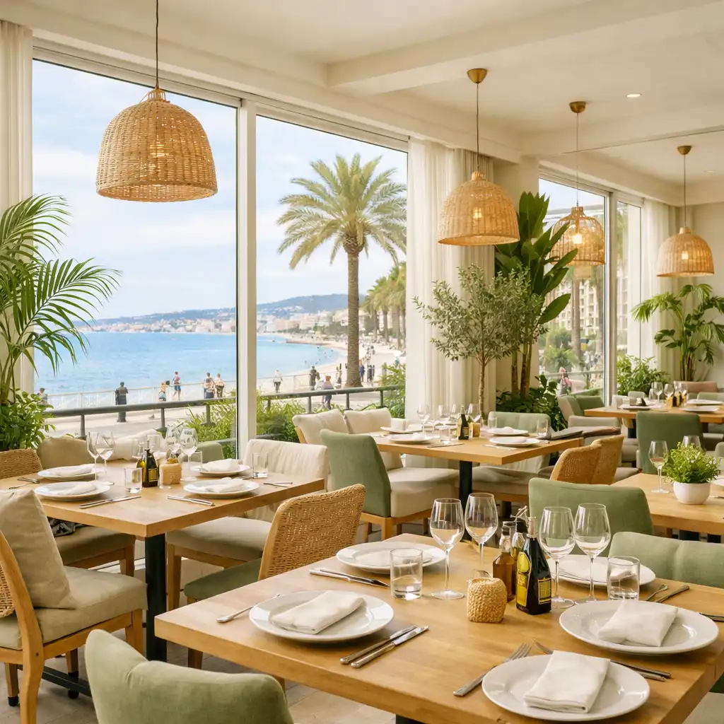 Salle lumineuse du restaurant Jardin Muscade avec grandes baies vitrées, plantes vertes et tables en bois clair