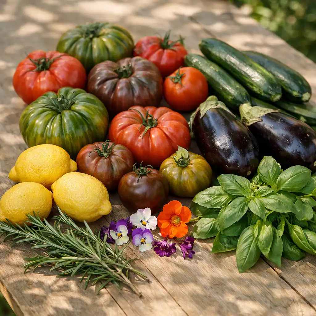 Étal de produits frais méditerranéens : tomates anciennes, courgettes, aubergines, citrons, romarin et basilic