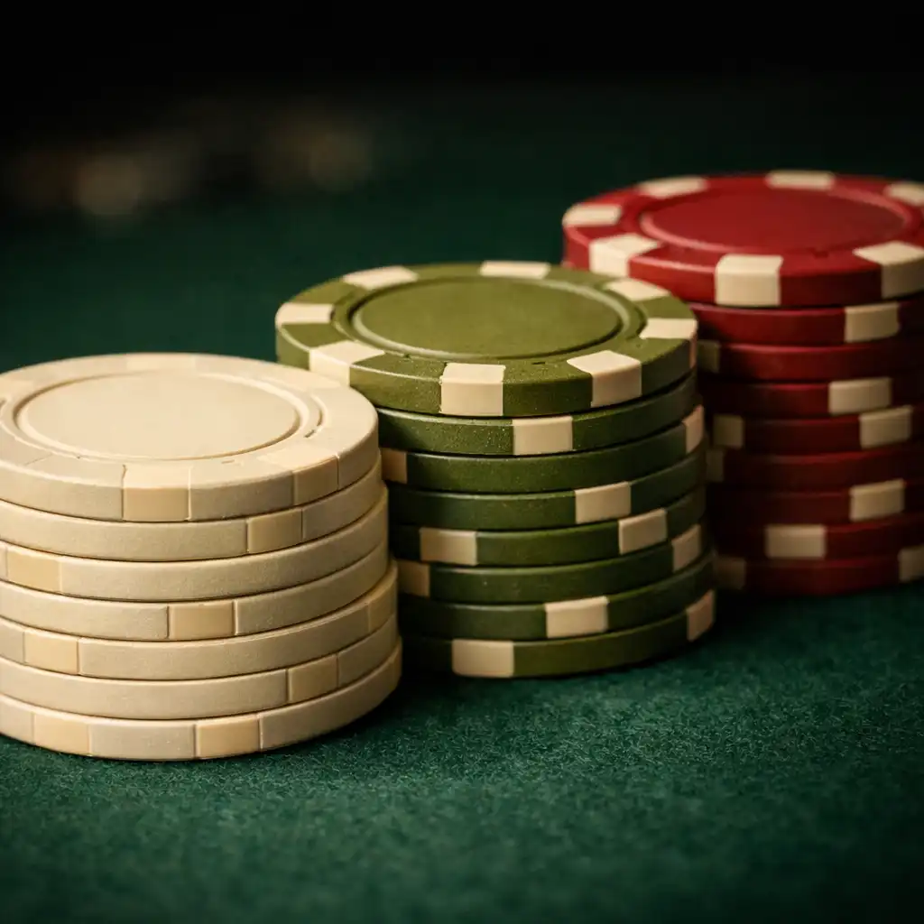 Gros plan sur un empilement de jetons de poker en argile sur un tapis feutré vert foncé