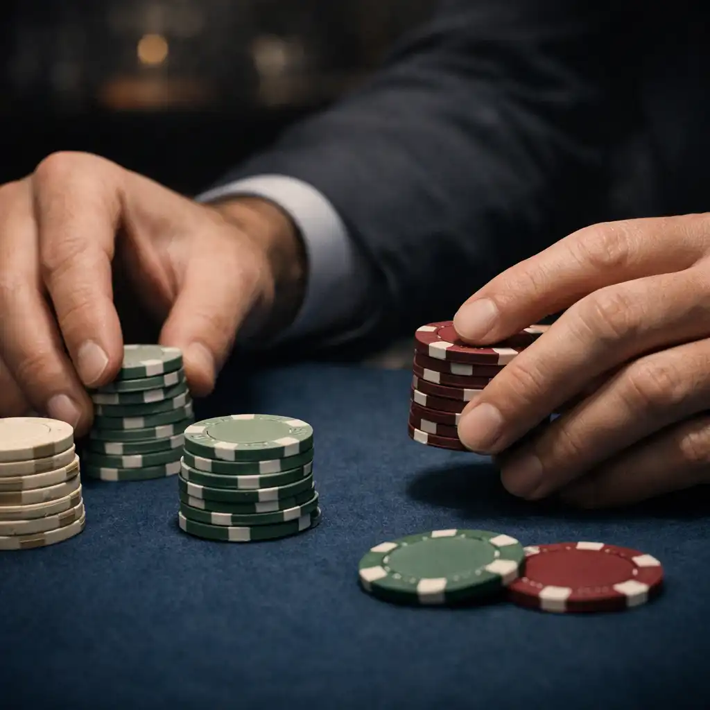Mains d’adultes manipulant des jetons de poker sur un tapis feutré bleu nuit