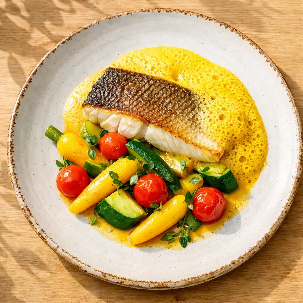 Filet de loup de mer nappé d'écume de safran, accompagné de légumes glacés