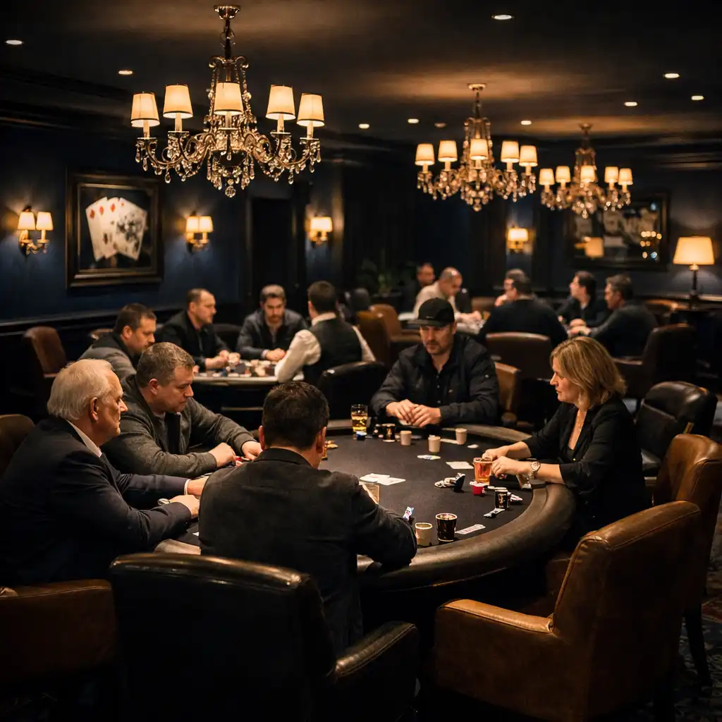 Poker Room élégante avec plusieurs tables, lumière basse et fauteuils confortables