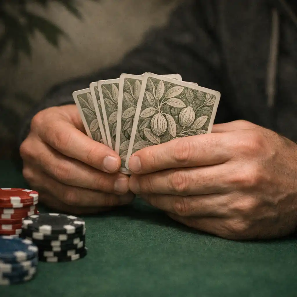 Gros plan sur des mains tenant des cartes à jouer au-dessus d'un tapis de poker vert, avec des jetons en céramique à proximité