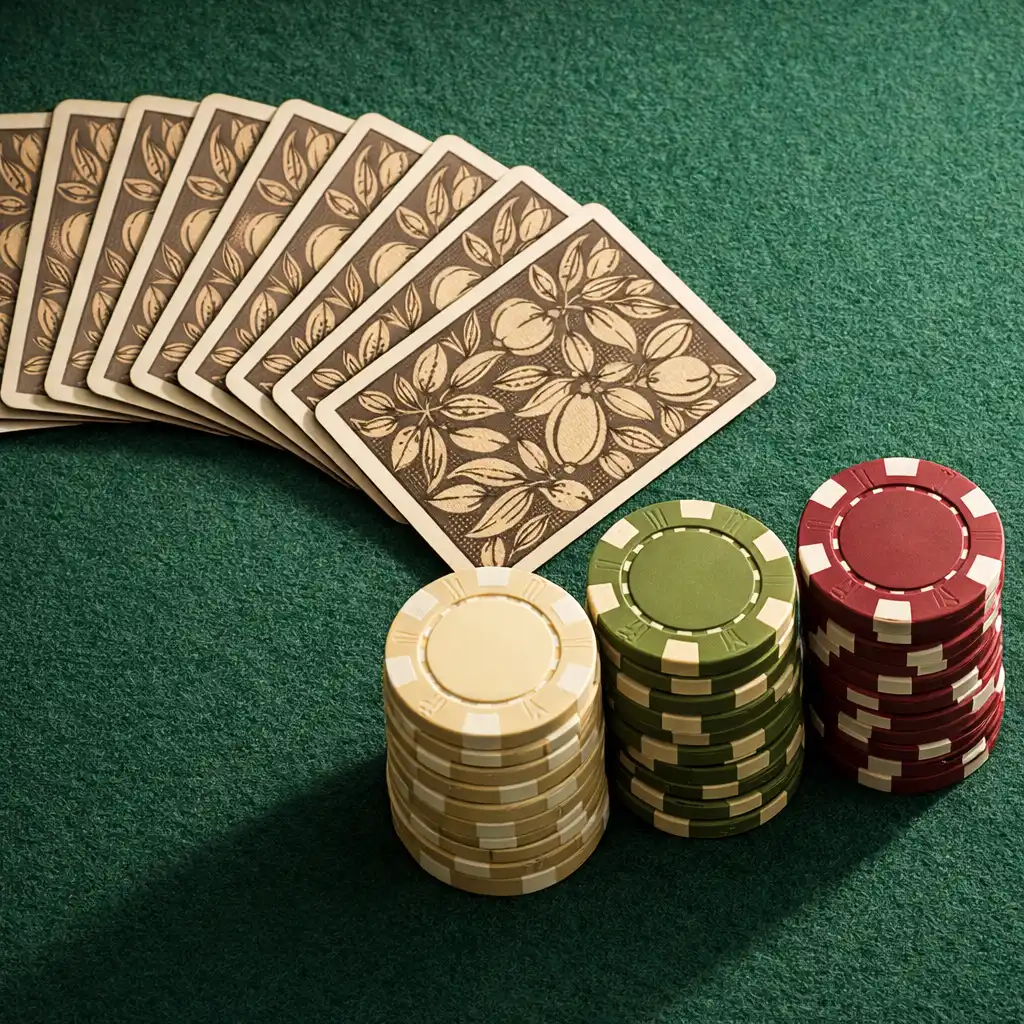 Vue du dessus d'une table de poker avec tapis vert, cartes en éventail et jetons en céramique empilés
