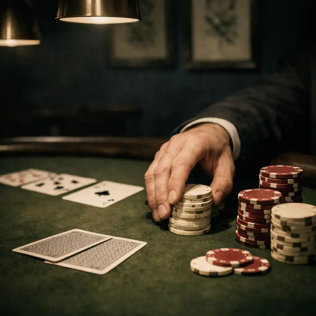 Table de poker ronde avec tapis vert muscade, jetons et cartes dans la Poker Room de Jardin Muscade