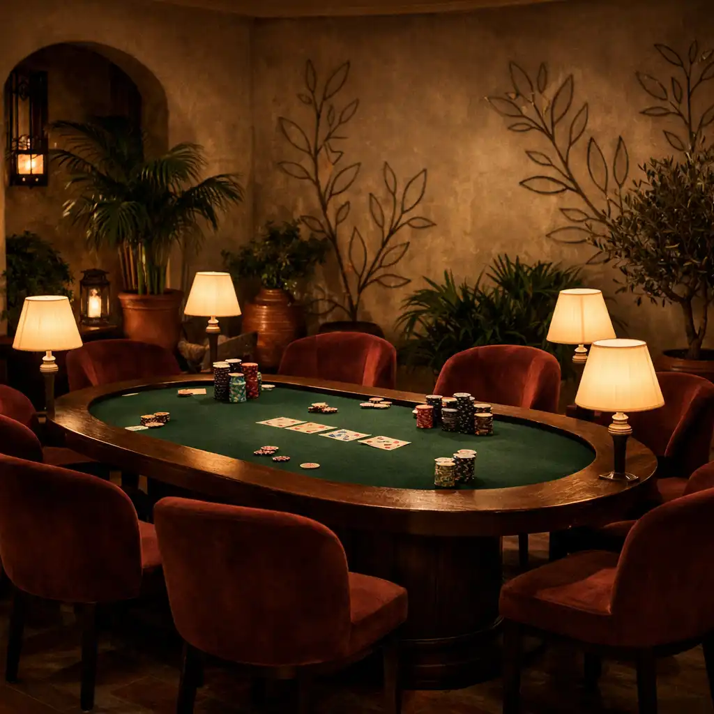 Vue d'ensemble de la Poker Room de Jardin Muscade, avec table ovale en bois sombre, chaises en velours grenat et plantes méditerranéennes dans une lumière tamisée