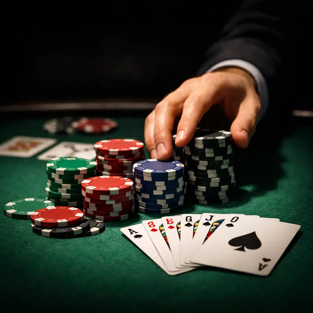 Gros plan sur une table de poker avec tapis feutré, jetons empilés et cartes en éventail