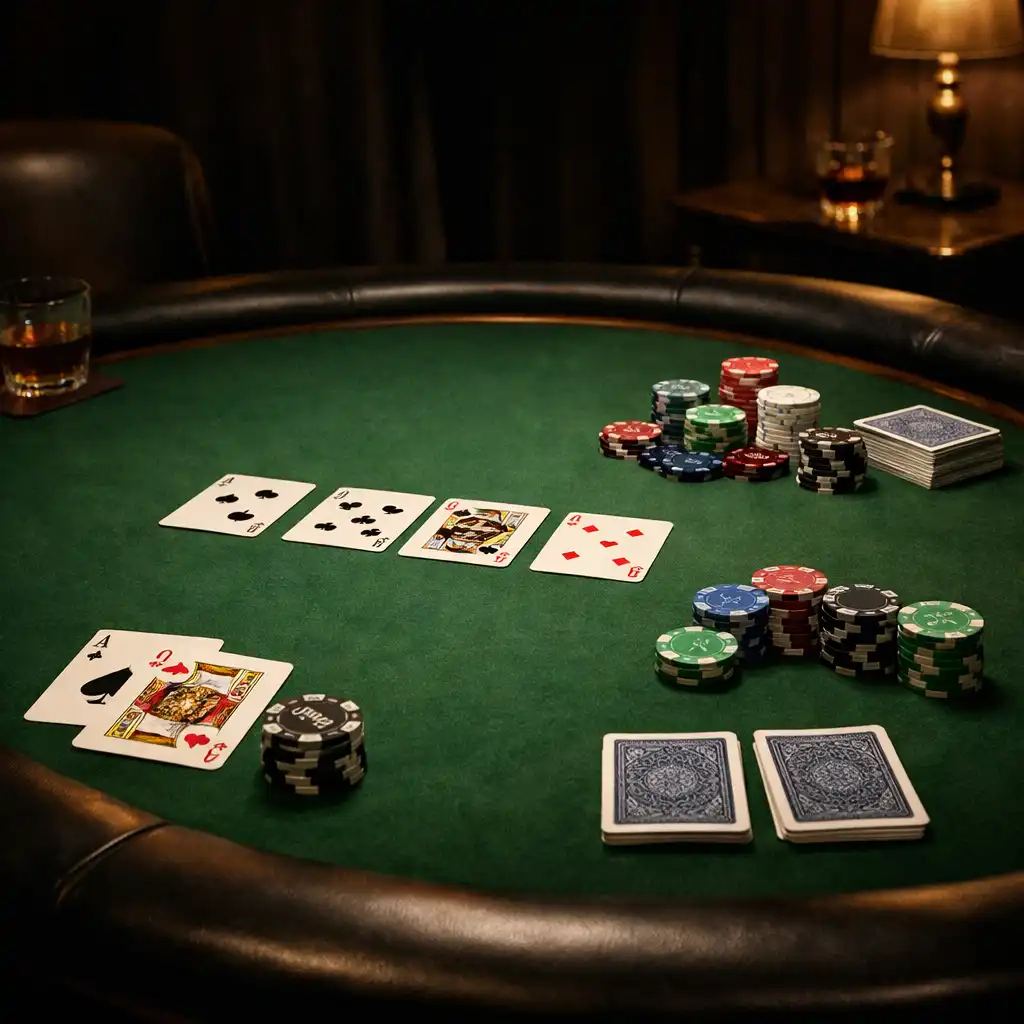 Table de poker professionnelle avec feutre vert, jetons en céramique et cartes à jouer