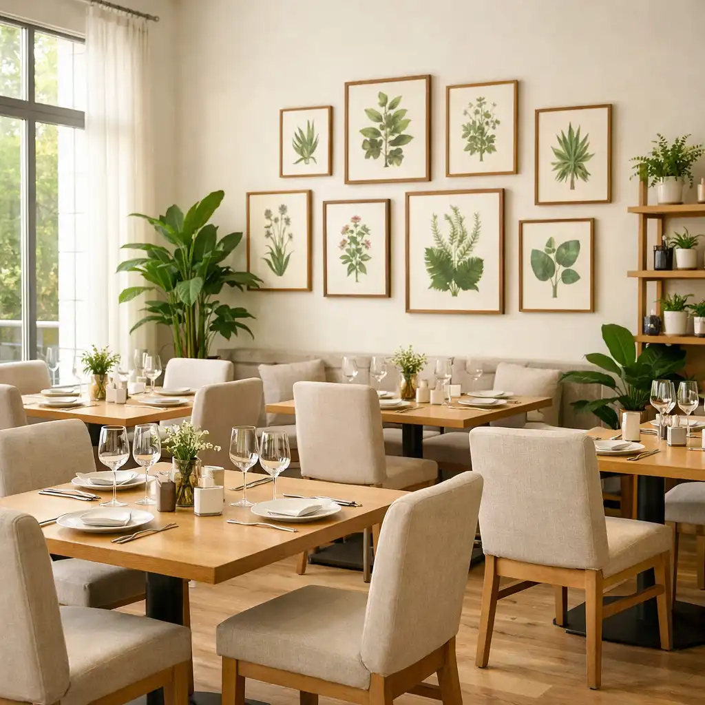 Salle lumineuse du restaurant Jardin Muscade avec murs ivoire, cadres botaniques et tables en bois clair