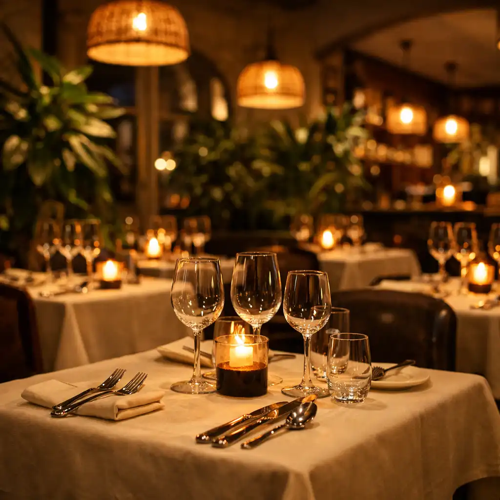 Salle du restaurant Jardin Muscade en soirée avec tables dressées et lumière tamisée