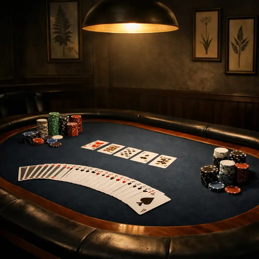 Vue d’une table de poker ovale en bois sombre avec tapis feutré, cartes et jetons, dans une ambiance tamisée