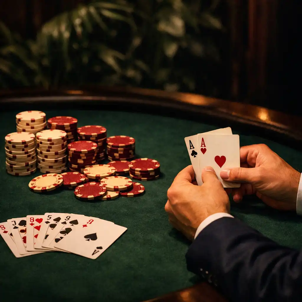 Table de poker dans le Card Lounge, avec jetons et cartes